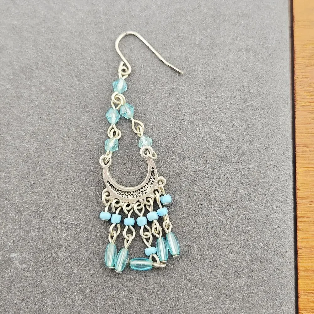 Silver Tone Chandelier Drop Earrings Light Blue Dangle Bohemian Western Cowgirl